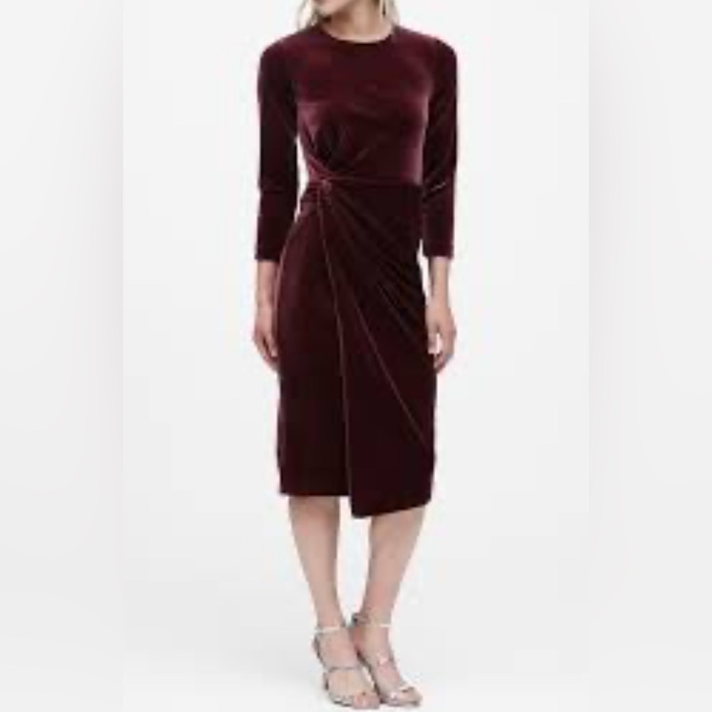 Banana Republic Burgundy Velvet Twisted Midi Dress‎ Women’s Sz 2 Tall Party Fall